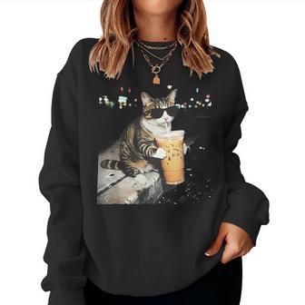 Cat Drinking Iced Coffee Women Sweatshirt - Thegiftio