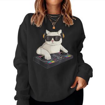 Dj Cat Techno Music Festival Lover Musician Women レディーススウェットシャツ - Kawaiitshirt