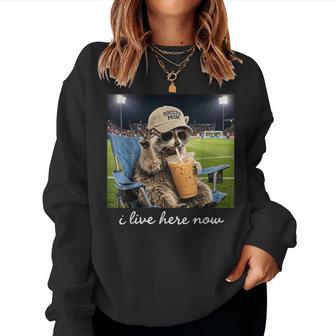 Raccoon Soccer Mama Field I Live Here Now Iced Coffee Women Sweatshirt - Thegiftio UK