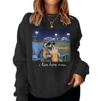 Racoon Drinking Iced Coffee At Ballfield Baseball Mama Women Sweatshirt | Mazezy
