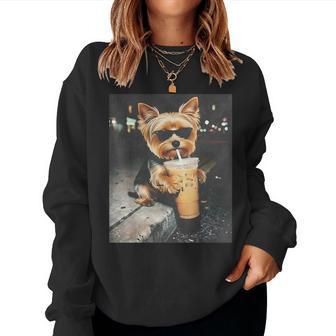 Yorkie Drinking Iced Coffee Cute Dog Meme Humor Women Sweatshirt - Thegiftio