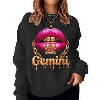 Gemini Queen Birthday Pink Lips Gold Chain Zodiac Sign Women Sweatshirt - Monsterry