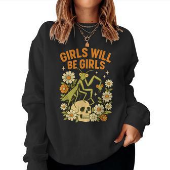 Girl Will Be Girls Praying Mantis Retro Halloween Women Sweatshirt - Thegiftio UK