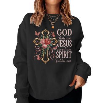 God Chose Me Jesus Saved Me Pretty Rose Cross Christian Women Sweatshirt - Thegiftio UK