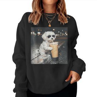 Maltese Drinking Iced Coffee Animal Dog Meme Women Women Sweatshirt - Monsterry