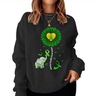 Mental Health Awareness Sunflower Green Ribbon Elephant Women Sweatshirt - Monsterry