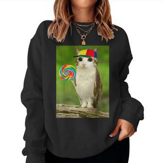 Meowl Cat Owl With Lollipop Cursed Internet Cat Lover Women Sweatshirt | Seseable UK