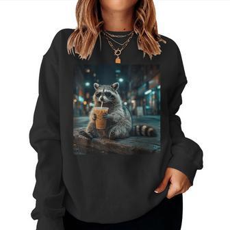 Raccoon Drinking Iced Coffee Animal Meme Women Sweatshirt - Thegiftio