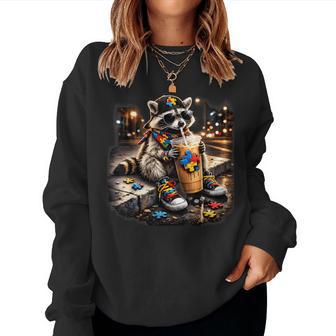 Raccoon Drinking Iced Coffee Autism Awareness Animal Meme Women Sweatshirt | Seseable UK