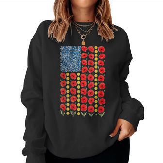 Red Poppy Flower American Flag Memorial Day Poppies Women Sweatshirt | Mazezy