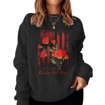 Red Poppy Flower Memorial Day Veterans Day American Flag Women Sweatshirt - Monsterry