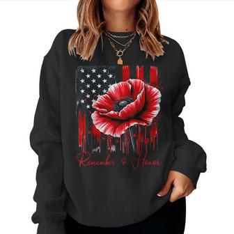 Red Poppy Flower Memorial Day Veterans Day American Flag Women Sweatshirt - Thegiftio UK