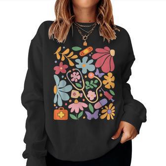 Retro Boho Floral Rn Nurse Doctor Healthcare Worker Nursing Women Sweatshirt - Monsterry