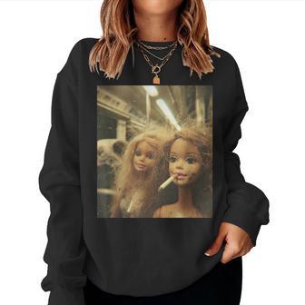 Retro Distressed Doll Smoking Meme Sarcastic Graphic Women Sweatshirt - Thegiftio UK