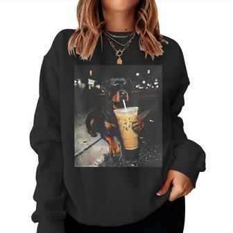 Rottweiler Drinking Iced Coffee Women Sweatshirt | Seseable UK