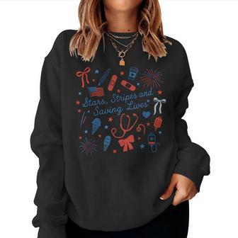 Stars Stripes And Saving Lives 4Th Of July Patriotic Nurse Women Sweatshirt - Monsterry