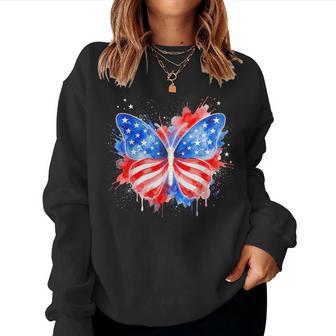 Watercolor Patriotic Butterfly Stars Stripes 4Th Of July Women Sweatshirt | Seseable UK
