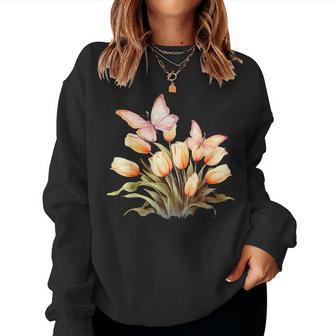 チューリップと蝶の花のデザイン。 レディーススウェットシャツ - Kawaiitshirt