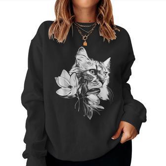 マグノリアの花と美しい猫 レディーススウェットシャツ - Kawaiitshirt