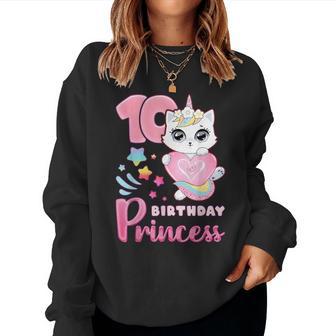 女の子、10歳の誕生日、ユニコーンキャット、ナンバー10 レディーススウェットシャツ - Kawaiitshirt