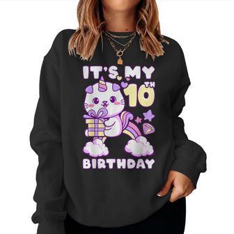 誕生日の女の子10歳、猫、ユニコーン、10歳の誕生日 レディーススウェットシャツ - Kawaiitshirt