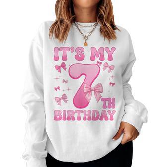 7Th Birthday Girl Coquette Bow Kids Seven 7 Year Old Women Sweatshirt - Monsterry
