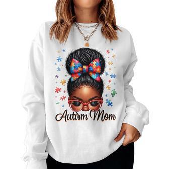 Autism Mom Afro Black Autism Awareness Messy Bun Women Sweatshirt - Thegiftio