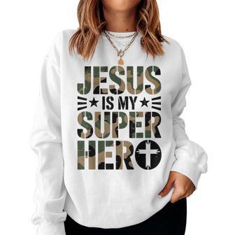 Camo Jesus Is Superhero Christian Faith N Boys Camouflage Women Sweatshirt - Thegiftio UK