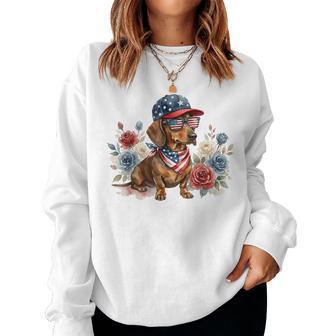 Dachshund Floral American Flag Usa 4Th Of July Girls Women Women Sweatshirt - Monsterry