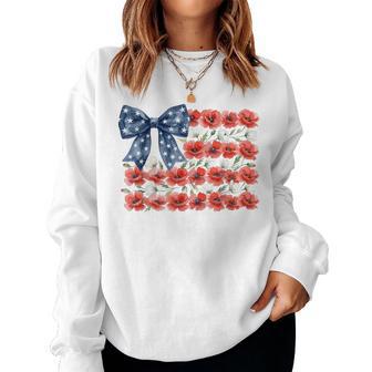 Floral American Flag Coquette Bow Usa 4Th Of July Patriotic Women Sweatshirt - Monsterry