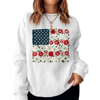 Floral American Flag Red White Blue Usa 4Th Of July Women Sweatshirt - Monsterry