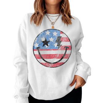 Happy 4Th Of July Groovy Smile Face Red White Blue Usa Flag Women Sweatshirt - Thegiftio