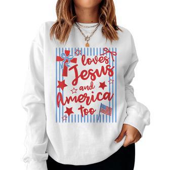 Loves Jesus And America Too 4Th Of July Christian Stripes Women Sweatshirt - Thegiftio UK