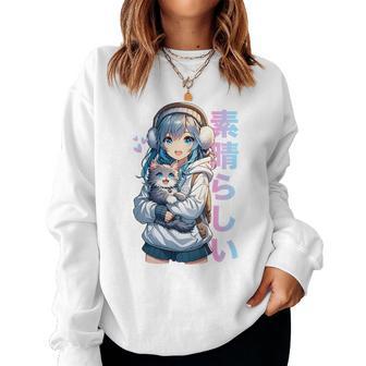 Mignon Anime Fille Avec Un Chat Pour Amoureux Des Chats Kawaii Otaku Manga Haut De Gamme Sweat-shirt pour femme - Cadeauxyz