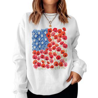 Patriotic Poppies & Hydrangeas Flowers In Floral Us Flag Women Sweatshirt - Thegiftio UK