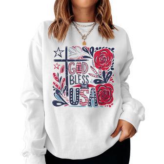 Retro Boho Floral God Bless The Usa Christian 4Th Of July Women Sweatshirt - Thegiftio UK