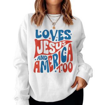 She Loves Jesus And America Too Christian Retro 4Th Of July Women Sweatshirt - Thegiftio UK