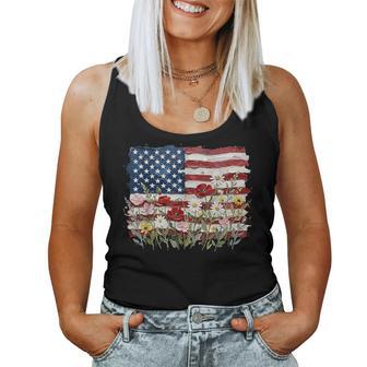 4Th Of July Floral American Flag Wildflowers Patriotic Women Tank Top | Seseable UK