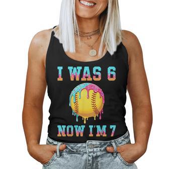 I Was 6 Now I'm 7 Girls Softball 7Th Birthday Softball Drip Women Tank Top - Monsterry
