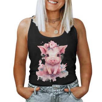 Adorable Petit Cochon Rose Aquarelle Floral De La Ferme Animal De La Ferme Oink Débardeur pour femme - Cadeauxyz