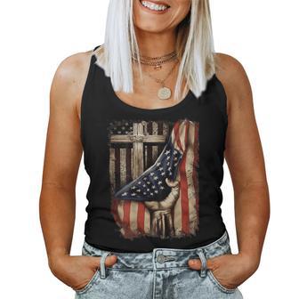 American Usa Flag Christian Cross Patriotic On Back Women Tank Top - Thegiftio UK