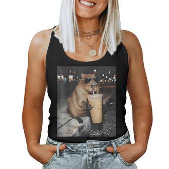Capybara Drinking Iced Coffee Animal Meme Women Women Tank Top - Monsterry