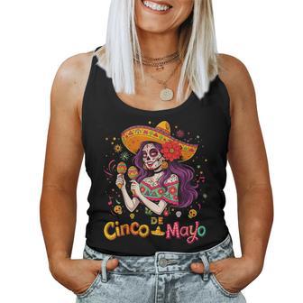 Cinco De Mayo Beautiful Purple Hair Skeleton Girl Women Tank Top - Thegiftio