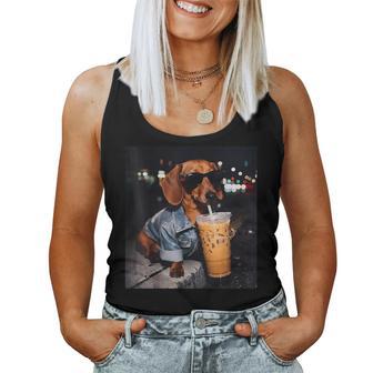Cool Dachshund Drinking Iced Coffee Lover Humor Women Tank Top - Monsterry