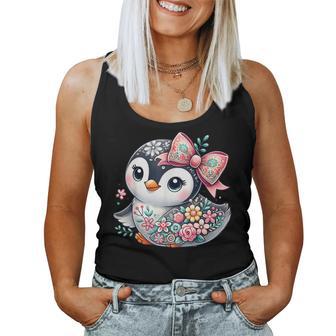 Cute Penguin Floral Flower Graphic Penguin Lover Girls Women Women Tank Top - Monsterry