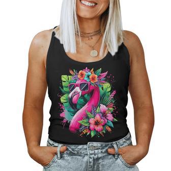Flamingo With Sunglasses Tropical Flowers Summer Vibe Women Tank Top - Monsterry
