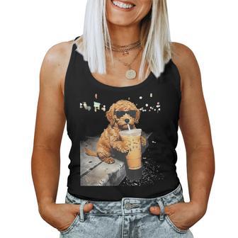 Goldendoodle Drinking Iced Coffee Women Tank Top - Monsterry