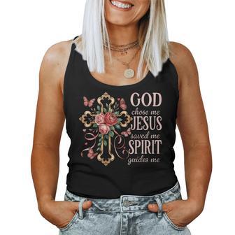 God Chose Me Jesus Saved Me Pretty Rose Cross Christian Women Tank Top - Thegiftio UK