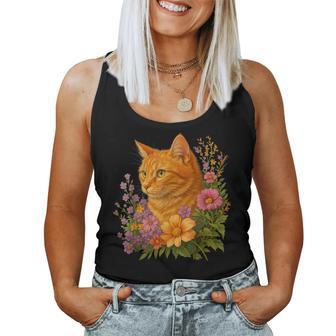 Orange Cat Flower Floral Cute Cat Lover Women Tank Top | Mazezy
