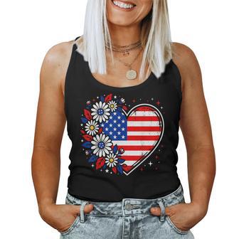 Patriotic Heart Usa Flag Daisy Flowers 4Th Of July Summer Women Tank Top | Seseable UK